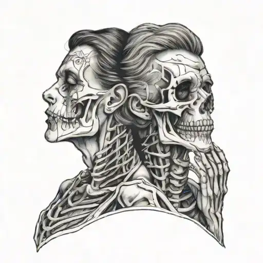 portrait 1/2 being a praying beautiful girl and the other 1/2 being a skeleton grabbing his head screaming into the sky tattoo design idea