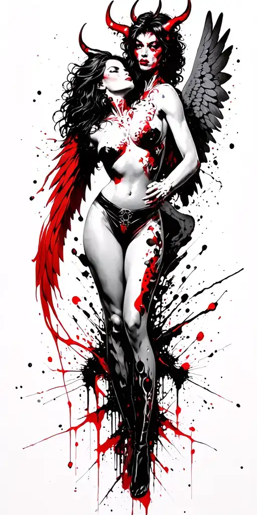 1 sexy female angel in white fighting 1 sexy female demon in black tattoo design idea