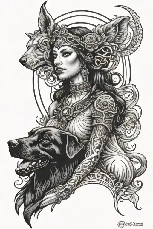 hecate dog goddess surrounded tattoo design idea