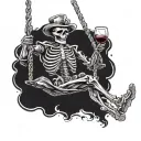 happy skeleton on a swing with a glass of wine in his hand; in renaissance style tattoo design idea