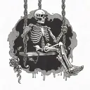 happy skeleton on a swing with a glass of wine in his hand; in renaissance style tattoo design idea