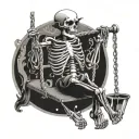 happy skeleton on a swing with a glass of wine in his hand; in renaissance style tattoo design idea