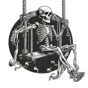 happy skeleton on a swing with a glass of wine in his hand; in renaissance style tattoo design idea