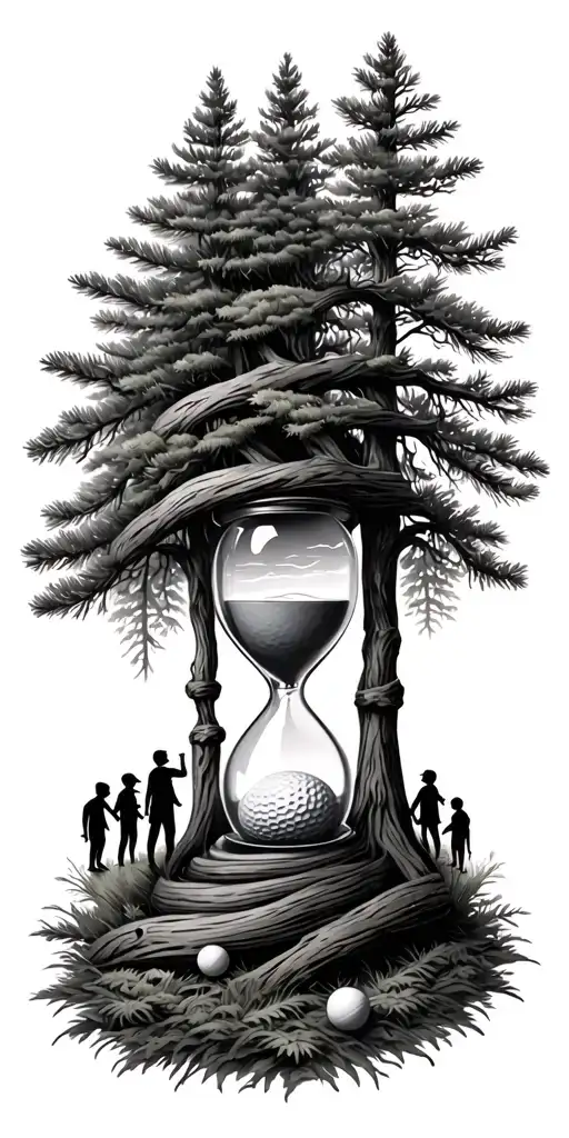 Pine forest wrap around and family tree and hour glass father with 3 kids and golf tattoo design idea