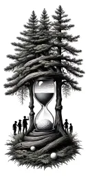 Pine forest wrap around and family tree and hour glass father with 3 kids and golf tattoo design idea