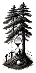 Pine forest wrap around and family tree and hour glass father with 3 kids and golf tattoo design idea