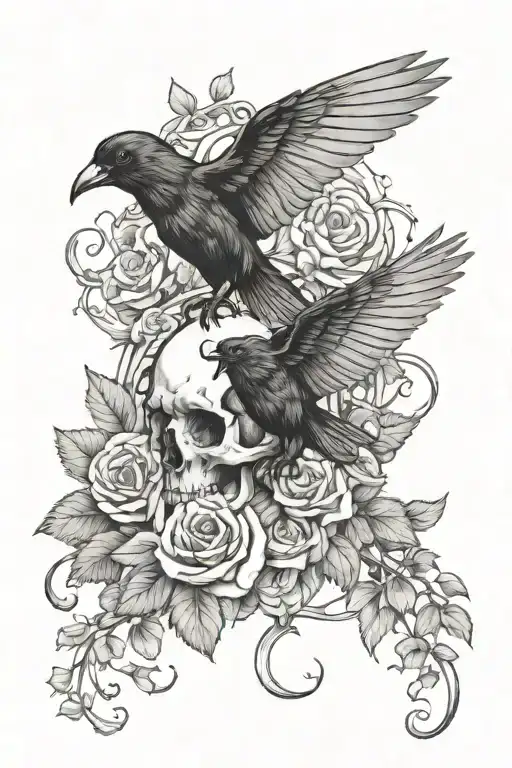 flowers and vines with a crow's skull and a lunar moth tattoo design idea
