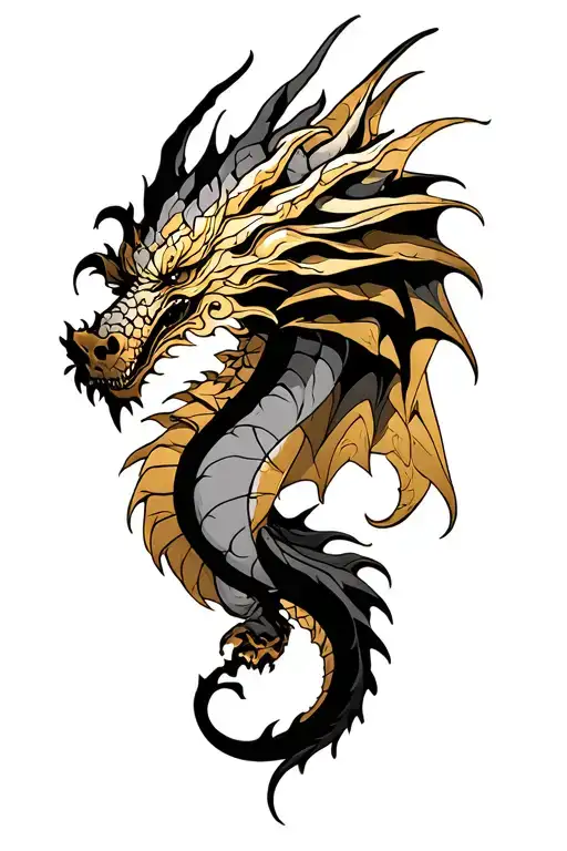 dragon with gold and skulls surrounded tattoo design idea