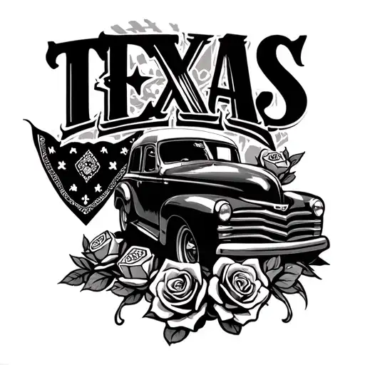 "TEXAS" Chicano tattoo logo, black and grey, with bandanas, roses, lowrider car, dice, old English script lettering,  tattoo design idea
