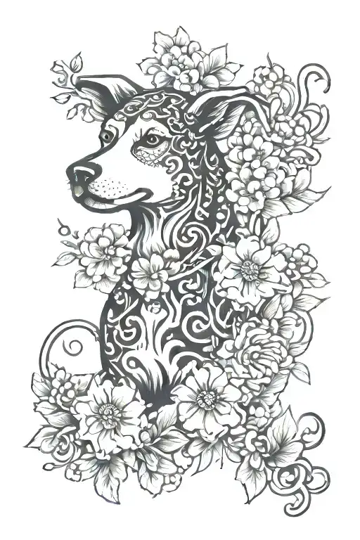 japanese style zodiac sign dog and flowers growing tattoo design idea