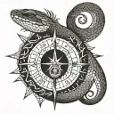 Ouroboros compass with only north arrow piercing the snake tattoo design idea