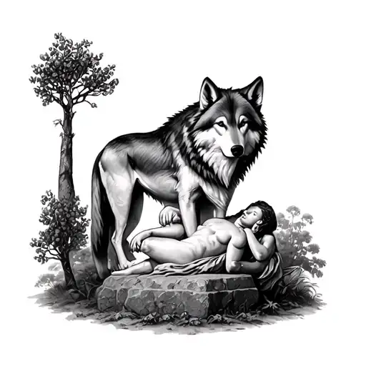 Lupa the she-wolf nursing the human romulus and remus surrounded by a grove of olive trees with an engraved stone  tattoo design idea