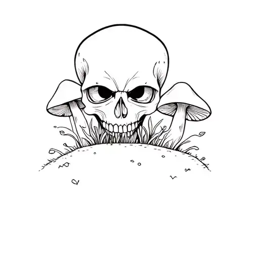 skull and mushrooms with eyes tattoo design idea