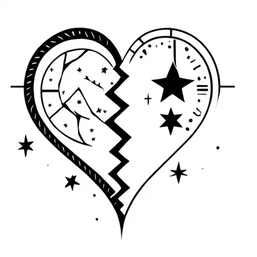 broken heart, half and half, yin and yang peace, time, family, stars, moon, lost soul mate tattoo design idea