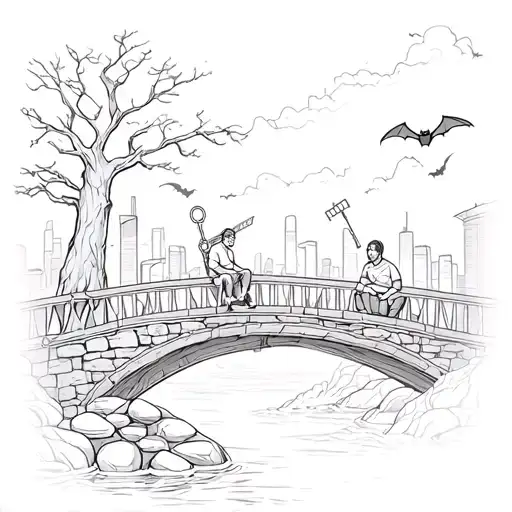 people sitting on bridge, holding key, saw, slingshot, under them fast river stones tree, bats, background city,  tattoo design idea