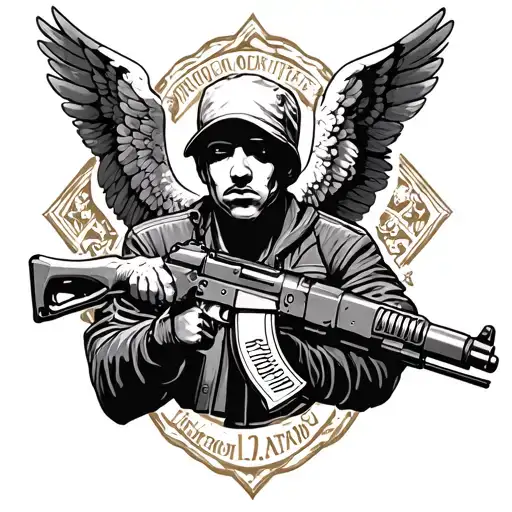 gangster protected by an angel with an AK 47 tattoo design idea