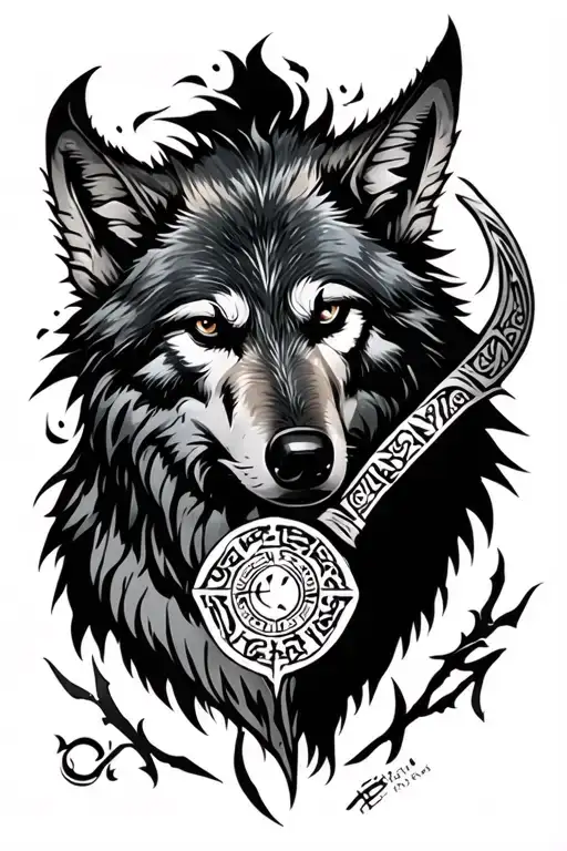 wolf Viking arm sleeve tattoo. storm, wolves and runes and Norse tribals  tattoo design idea