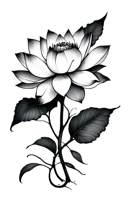 A minimalist lotus flower tattoo design with a few flowing leaves for balance. Medium-fine black linework with soft shad tattoo design idea