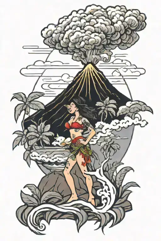 volcano with standing hula girl tattoo design idea