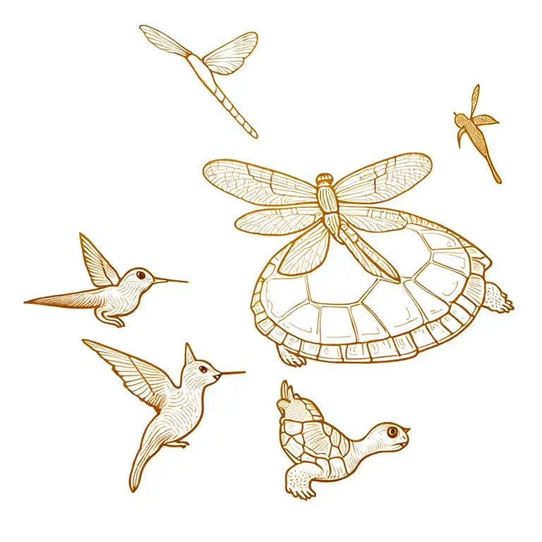 turtle, duck, dragonfly, hummingbird, cat, goldretriever, butterfly tattoo design idea