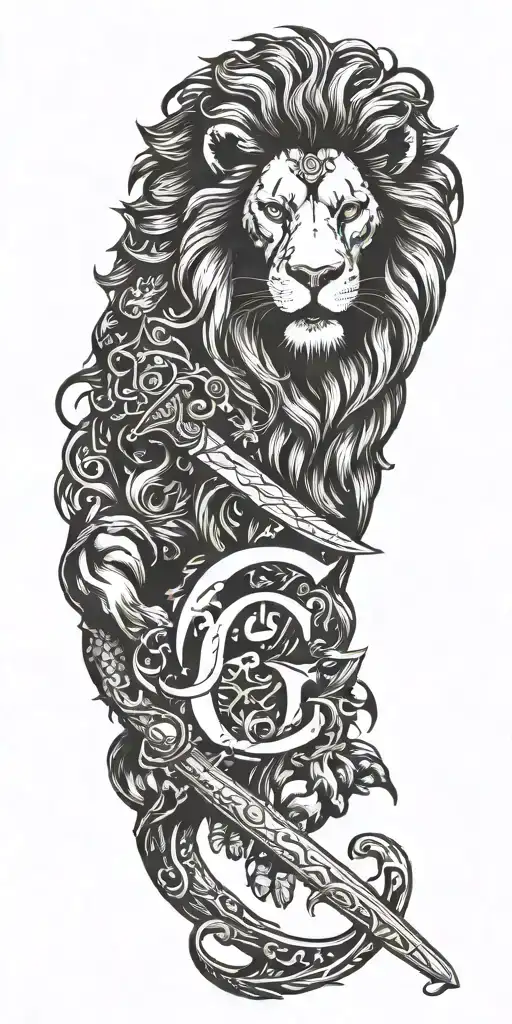 Letter G, Lion roaring, Punjab map with a sword, Add "RAJ" tattoo design idea