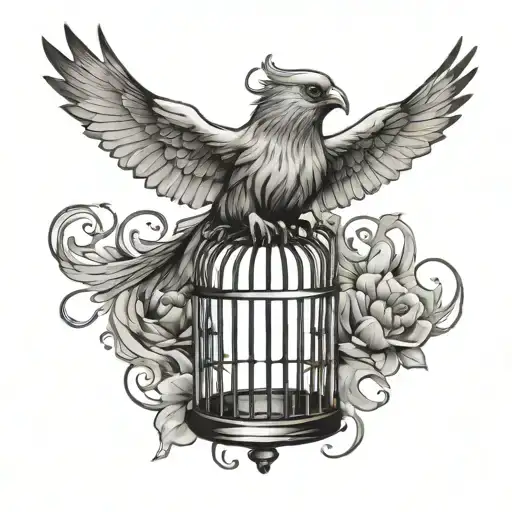 cage bird flying tattoo design idea