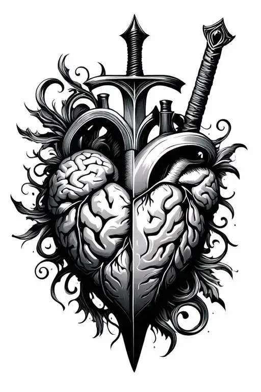 fine line sword heart and brain inside tattoo design idea