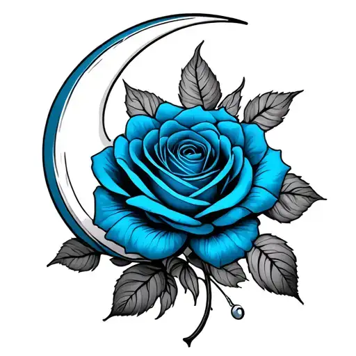 crescent moon with blue rose  tattoo design idea