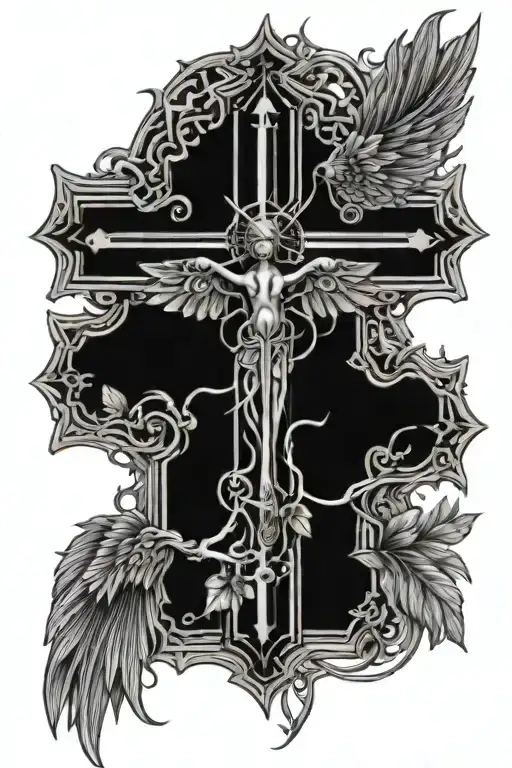 cob web and cross with angel with nature tattoo design idea