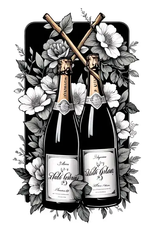 crossed champagne bottles with flowers tattoo design idea
