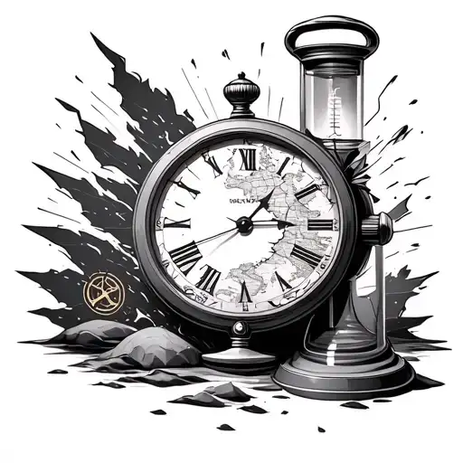 sandtimer with a broken watch and geography symbols tattoo design idea