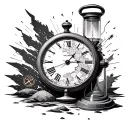 sandtimer with a broken watch and geography symbols tattoo design idea