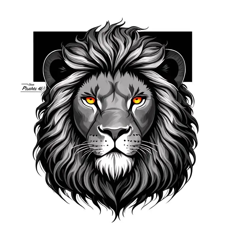 half lion face with color eyes, with "Psalms 46:5" placed in the mane tattoo design idea