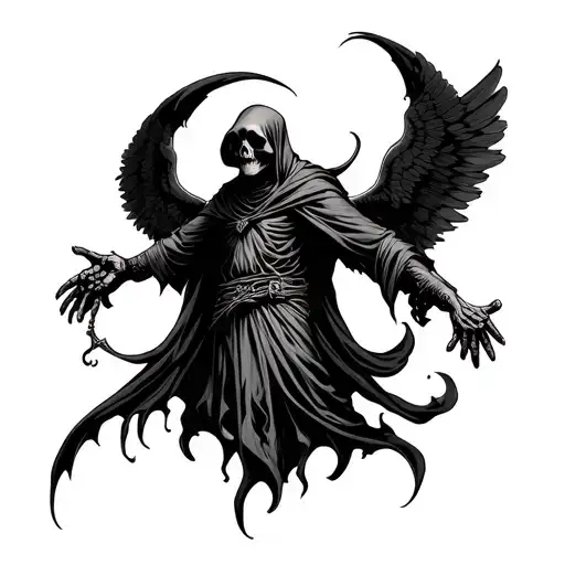 grim reaper with arms out with wings back tattoo  tattoo design idea