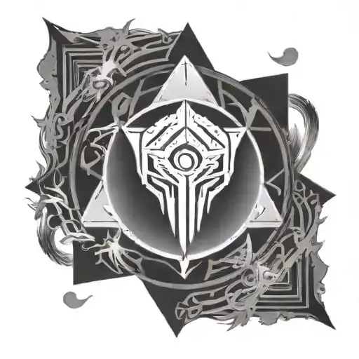 destiny 2 ghost, facing front, with hunter symbol above it, arc symbol on its left, solar symbol on its right, and void  tattoo design idea