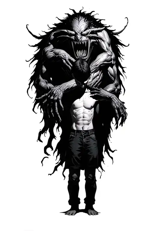 A faceless Boy Standing With A big Scary Demon Wrapped Around Him tattoo design idea