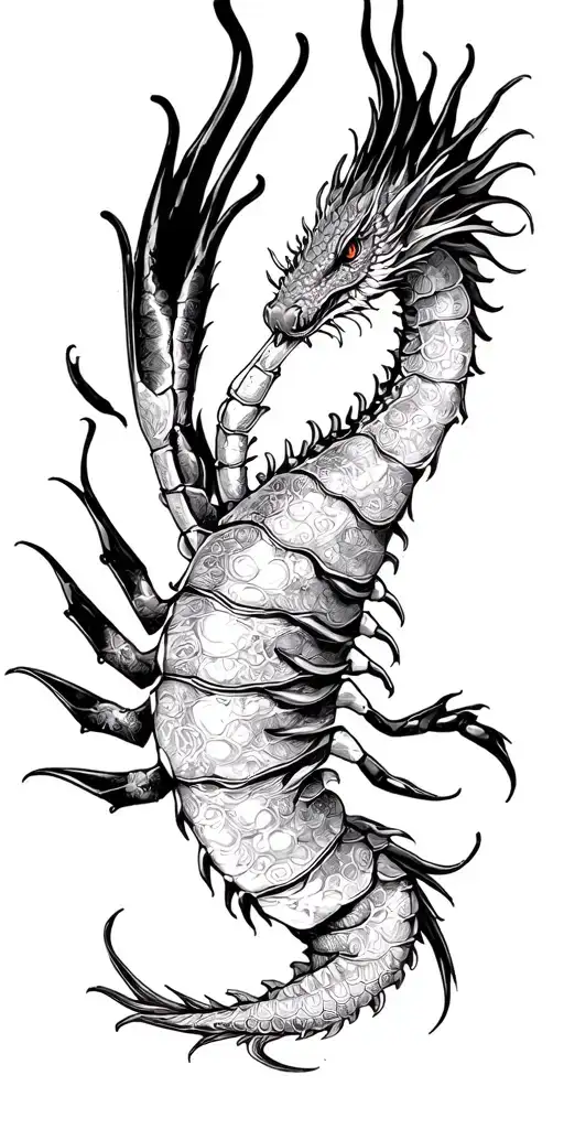 blackwork, dragon shrimp hybrid tattoo design idea