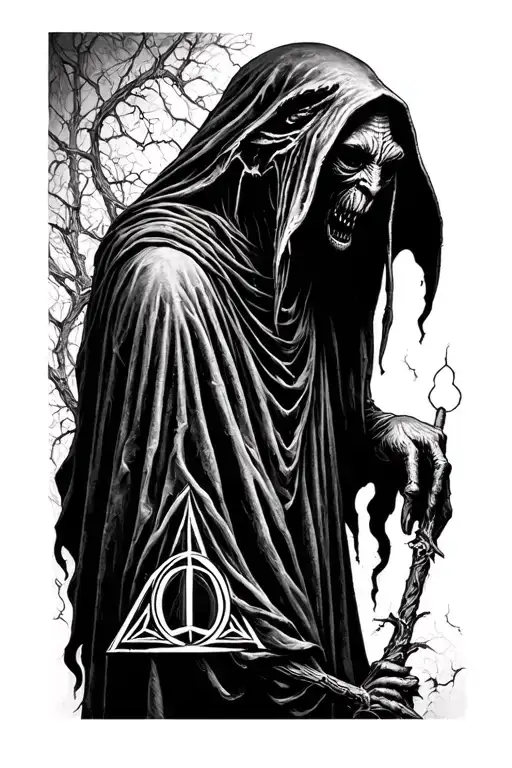 Upper Arm Sleeve with a Dementor as basis with other small details Dobby the Deathly Hallows Sign tattoo design idea