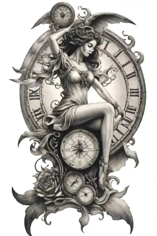 falling angel, two doughter, time clock, compass,falling sun  tattoo design idea