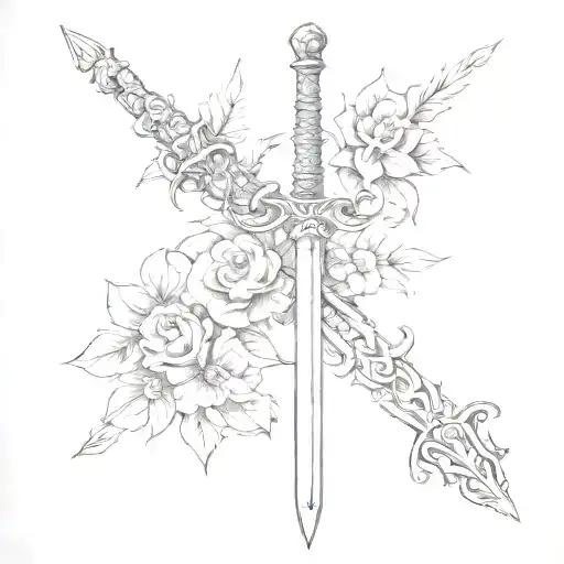 back spine sword flowers tattoo design idea