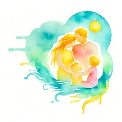 sun, mom and dad holding child tattoo design idea