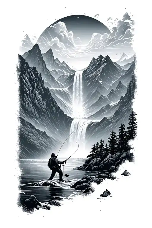 space mountains waterfall man fishing tattoo design idea