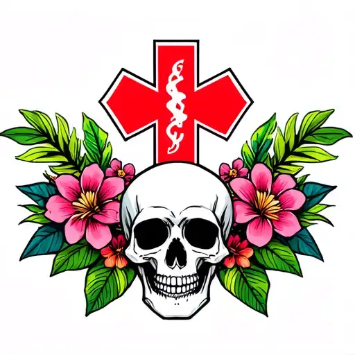 "Memento Mori " "Memento Mori " "Memento Mori " "Memento Mori " EMS star of life surrounded by Hawaiian flowers and leaves with skulls tattoo design idea
