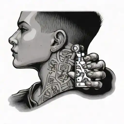 a boy with a buzz cut turned back holding up a lighter for his dead dads ghost cigarette  tattoo design idea