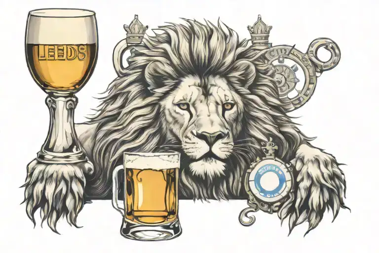 Leeds United with a lion and a pint glass filled tattoo design idea