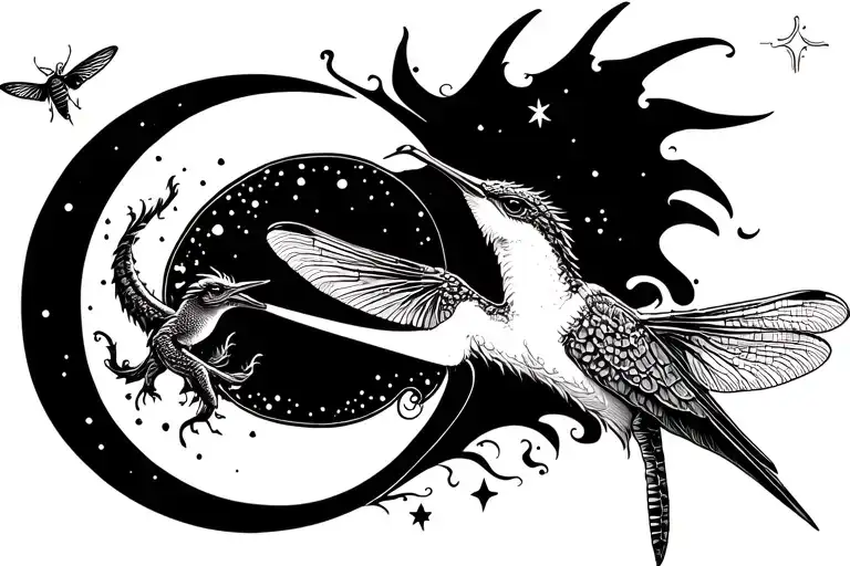 humming bird & dragon fly. sun, moon, stars. left shoulder, horizontal, up the arm  tattoo design idea