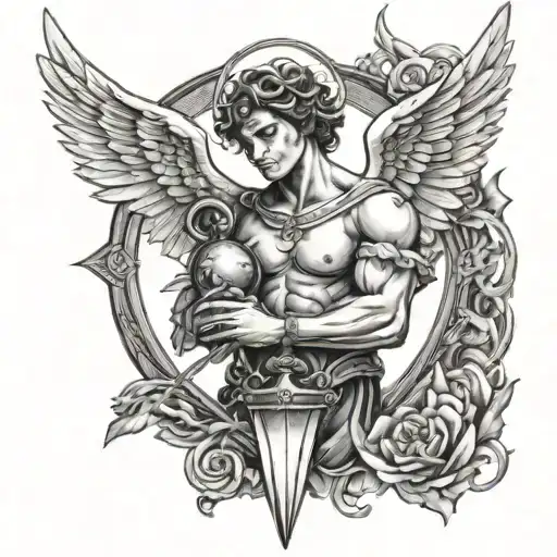 tattoo for men of an angel holding a pendulum with a heart in the center tattoo design idea