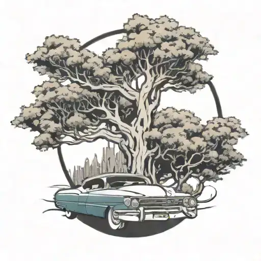 Oakland tree logo with a cadillac emblem, A basketball, Oakland A's tattoo in the roots tattoo design idea