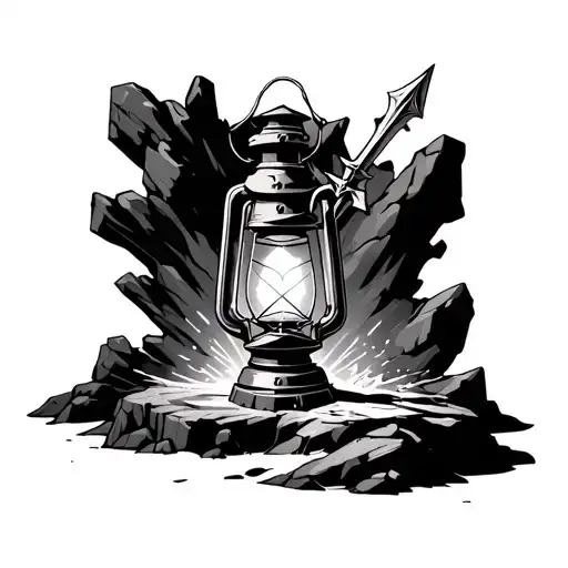 lantern with Excalibur stuck in rock in the center of lantern  tattoo design idea