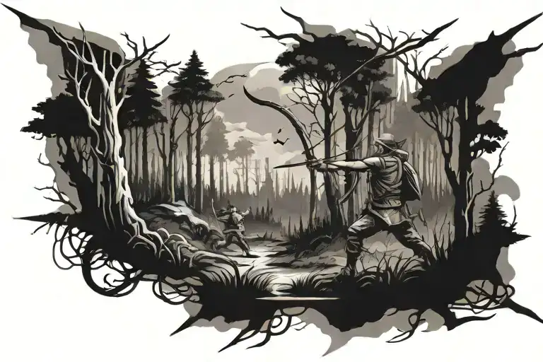 bow arrow forest battle scene tattoo design idea